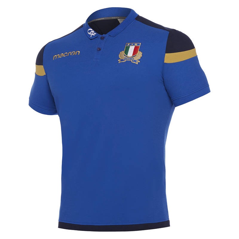 Maglia polo staff ufficiale Italia Rugby Macron blu in cotone piquet