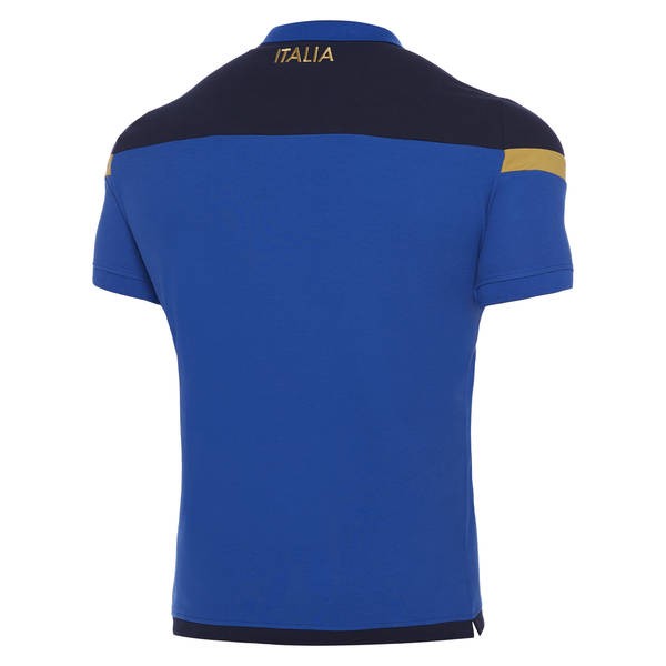 Polo staff ufficiale Italia rugby in piquet di cotone blu con dettagli oro.