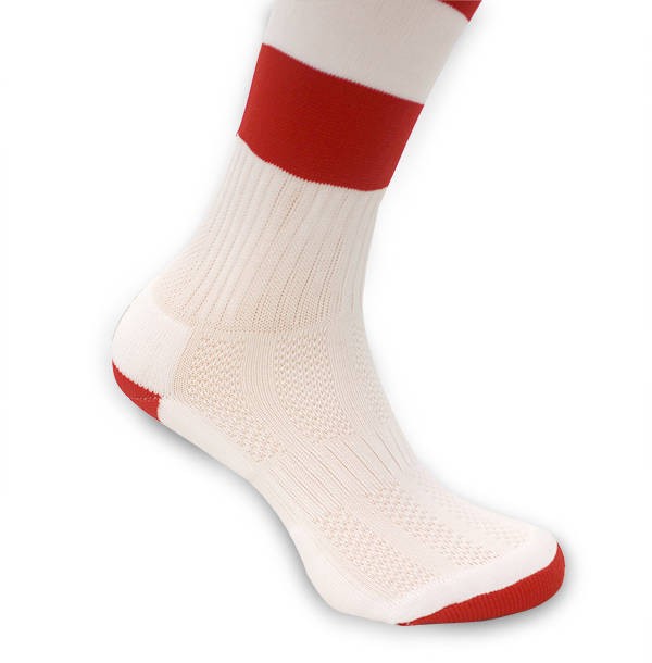 Calze da rugby RGR bianche con dettagli rossi a righe e tallone.