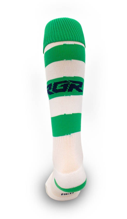 Calze da rugby RGR bianche con strisce verdi e logo, calze alte fino al ginocchio.