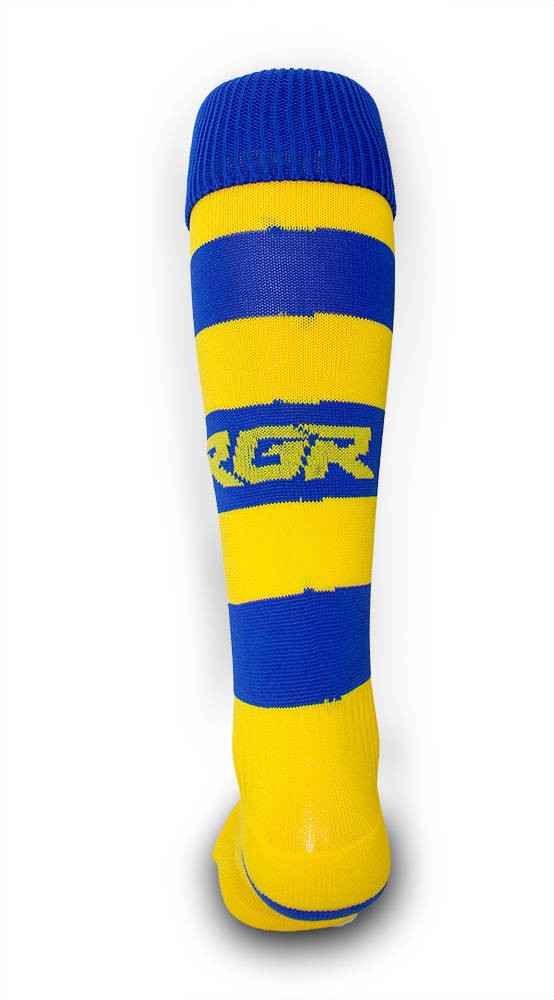 Calze da rugby RGR giallo e blu a righe, con logo RGR.