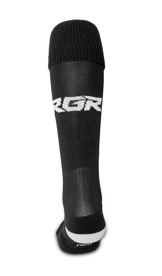 Calze da rugby RGR nere con logo bianco, lunghe fino al ginocchio.