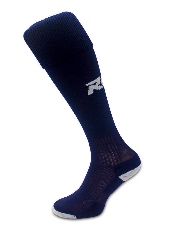 Calze da rugby RGR blu con logo bianco, alte fino al ginocchio.