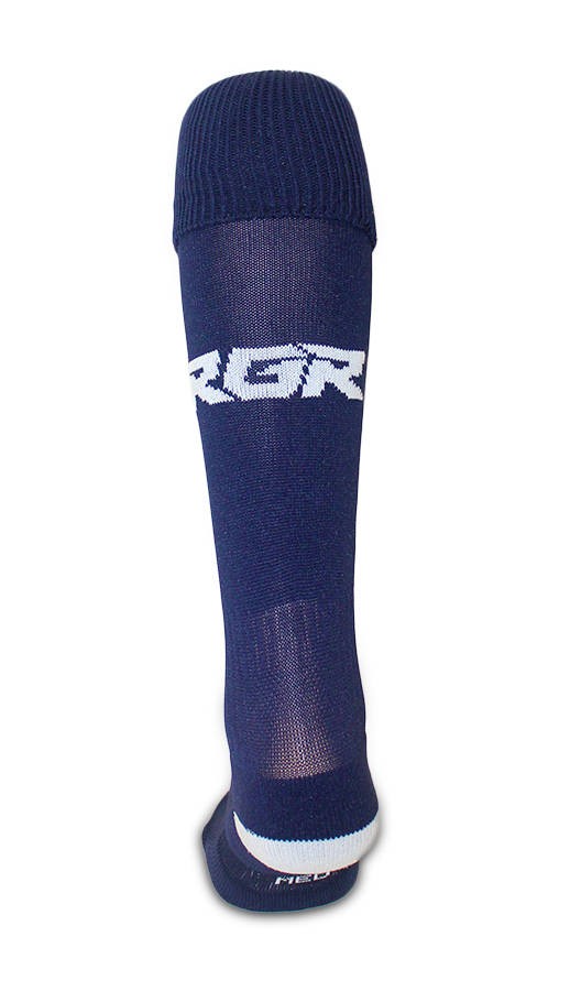 Calze da rugby RGR blu con logo bianco, per allenamento e partita.