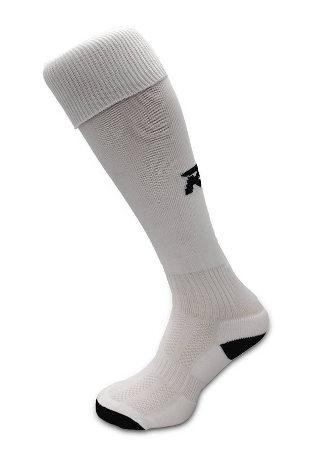 Calze da rugby RGR bianche con logo nero, ideali per la mischia.
