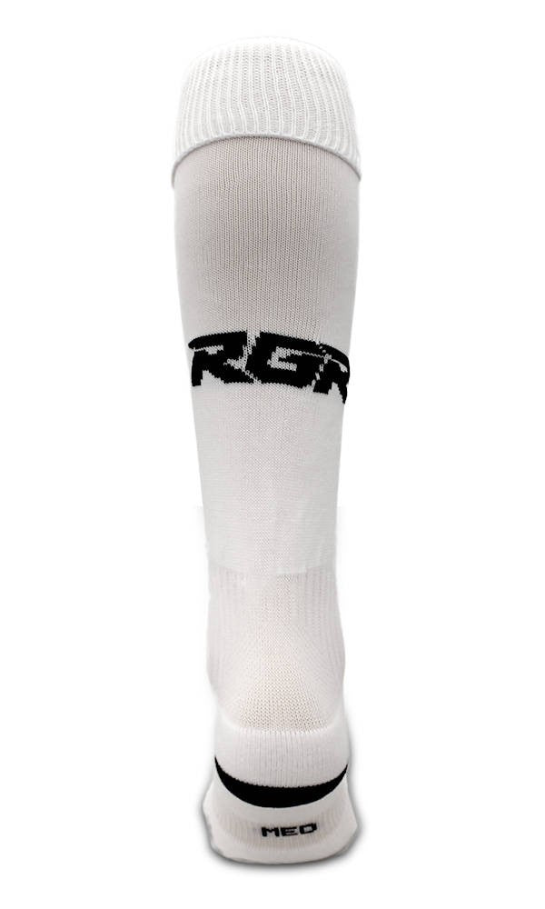 Calze da rugby RGR bianche con logo nero, lunghezza al ginocchio.