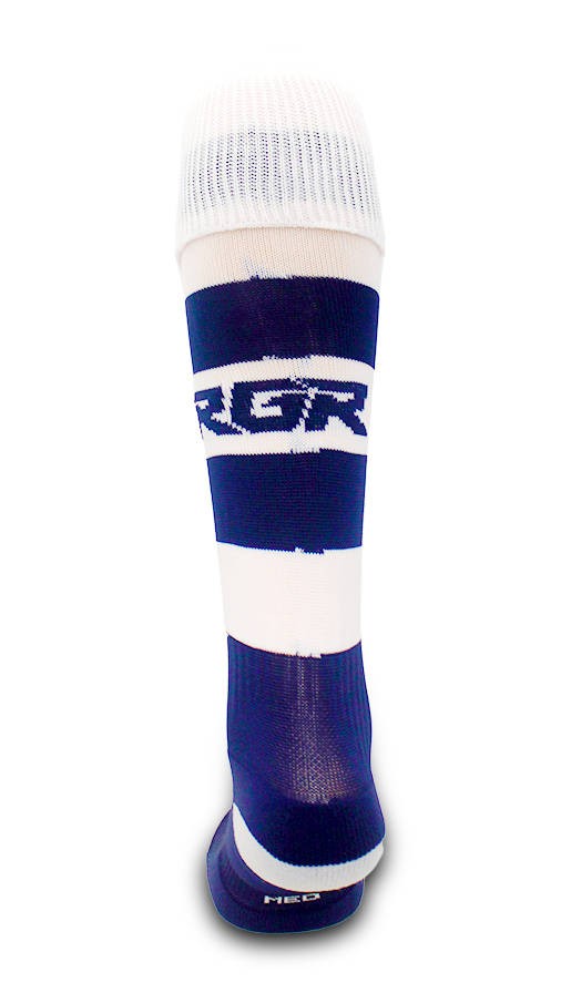 Calze da rugby RGR bianco e blu con logo visibile, modello alto.
