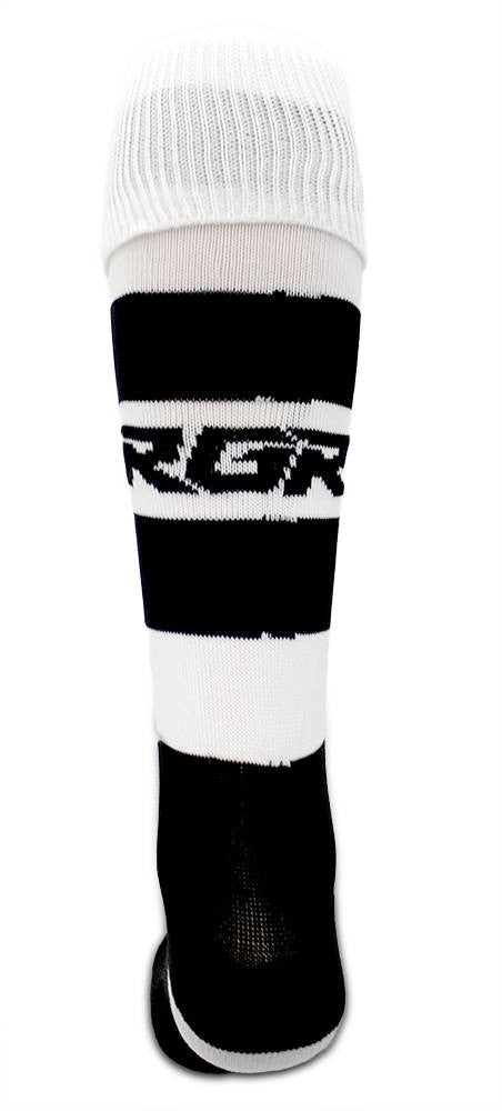 Calze da rugby RGR a righe bianche e nere, con logo visibile.
