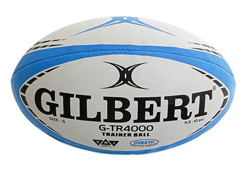 Pallone da rugby Gilbert G-TR4000 bianco e azzurro, ideale per allenamento.