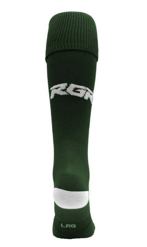 Calze da rugby RGR verde bottiglia con logo bianco e dettagli a coste.