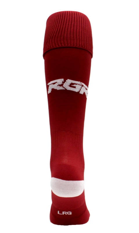Calze da rugby RGR amaranto con logo bianco e dettagli ammortizzati sul tallone.