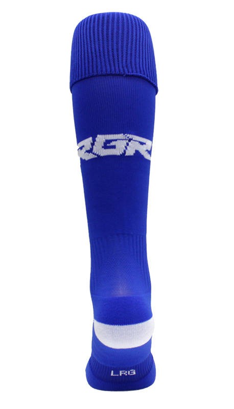 Calze da rugby RGR azzurre con logo bianco e banda a contrasto sul tallone.