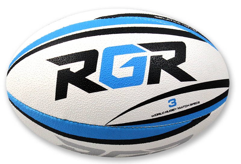 Pallone da rugby RGR Kairos bianco con dettagli blu e neri, misura 3.