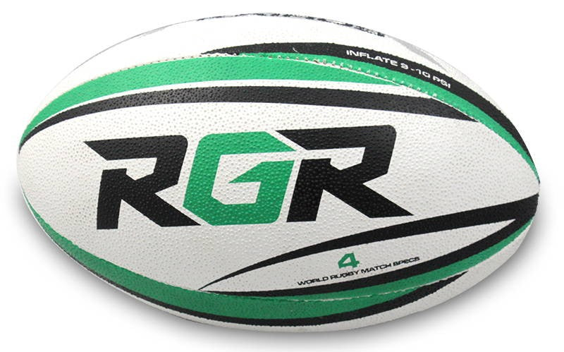 Pallone da rugby RGR Kairos bianco e verde, modello da allenamento o partita.