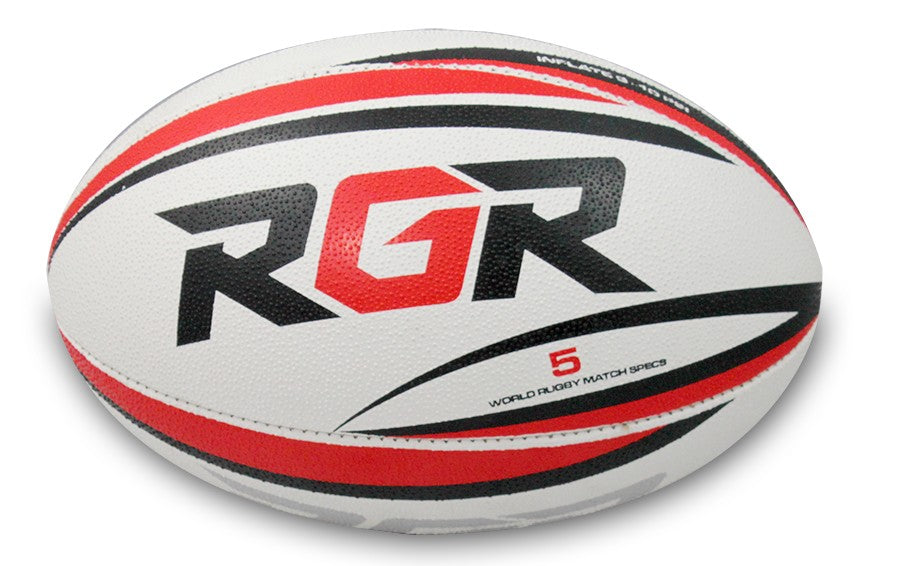 Pallone da rugby RGR Kairos bianco, rosso e nero, misura 5, per partite ufficiali.