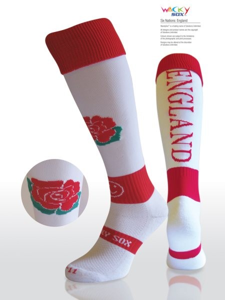 Calza Wacky Sox Inghilterra bianca con rosa rossa, taglia unica.