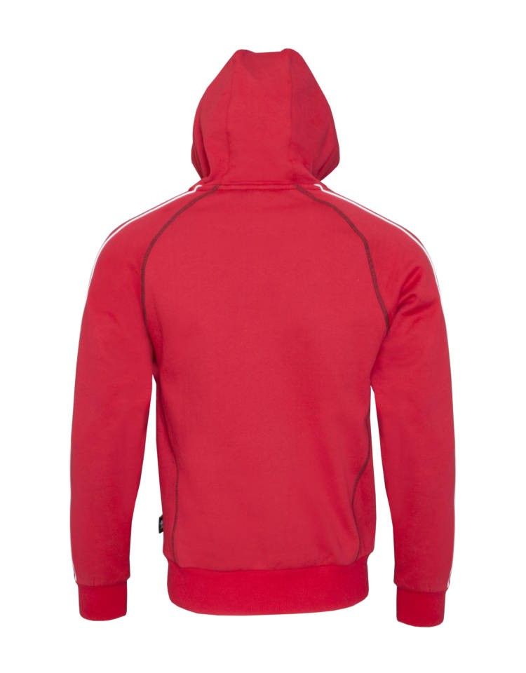 Felpa rugby rossa con cappuccio e dettagli bianchi, retro bambino.