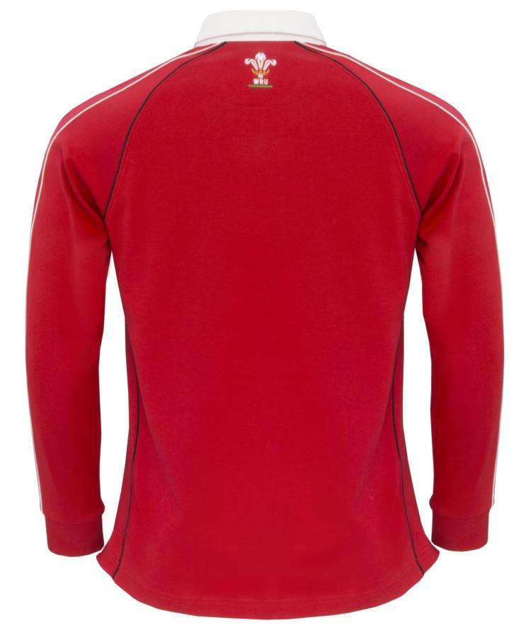 Maglia rugby Galles WRU a manica lunga, rossa, con colletto bianco e dettagli bianchi sulle maniche.