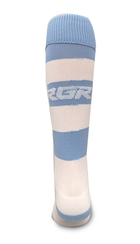 Calze da rugby RGR a righe bianche e celesti, con logo RGR visibile.