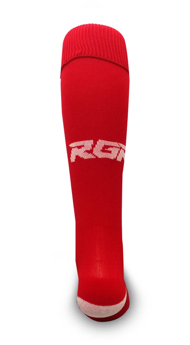 Calze da rugby RGR rosse con logo bianco, altezza al ginocchio.