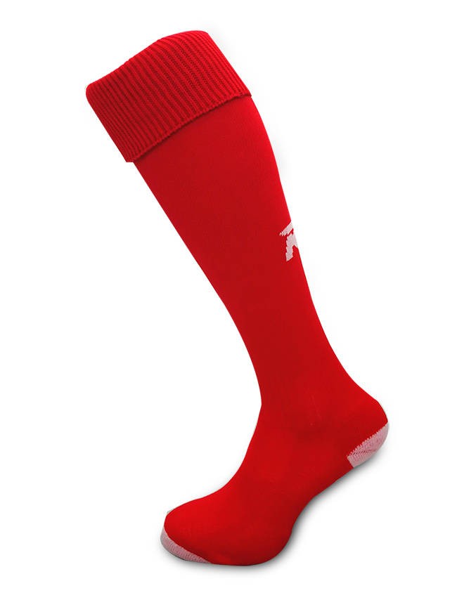 Calze da rugby RGR rosse con logo bianco, altezza al ginocchio.