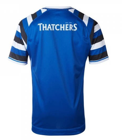 Maglia Bath home Pro 2018-19 blu con logo Thatchers sul retro.