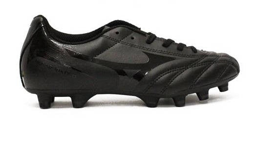 Scarpino da calcio Mizuno Monarcida JR nero, con tacchetti specifici per terreni compatti.