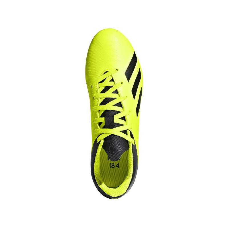 Scarpino Adidas X 18.4 FxG giallo fluo con dettagli neri, tomaia sintetica.
