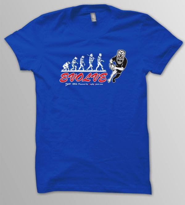 T-shirt da uomo blu con grafica "Evolve Rugby" che mostra l'evoluzione umana fino al giocatore di rugby.
