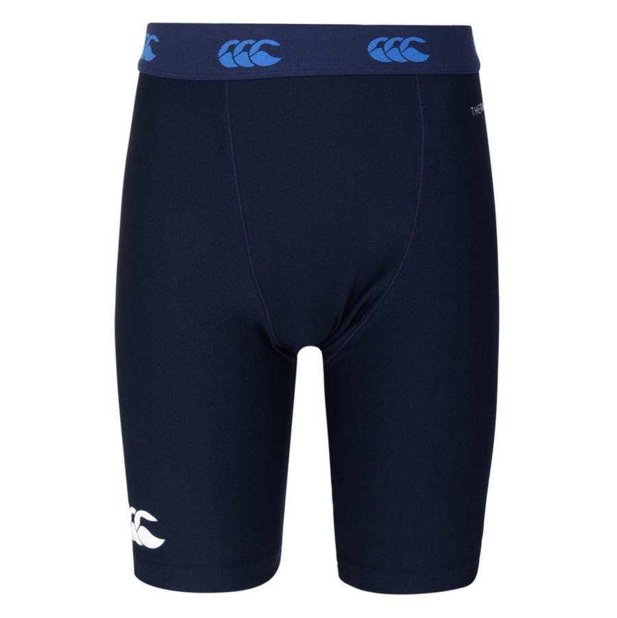 Scaldamuscolo Canterbury Thermoreg blu da rugby, logo bianco sul fondo gamba.