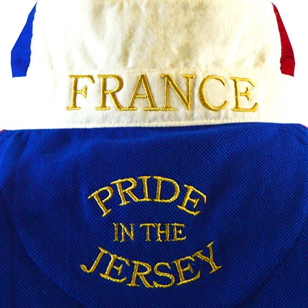 Polo da rugby vintage Francia con scollo bianco e scritta "Pride in the Jersey" in oro.