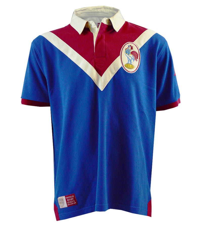 Polo da rugby vintage Francia blu e bordeaux con gallo stilizzato.