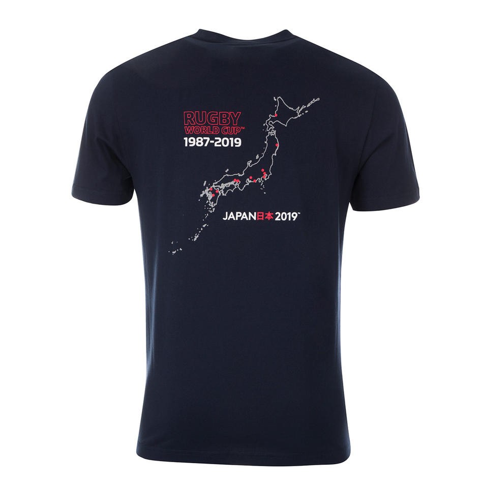 Maglia Rugby RWC 2019 con mappa del Giappone e date 1987-2019.