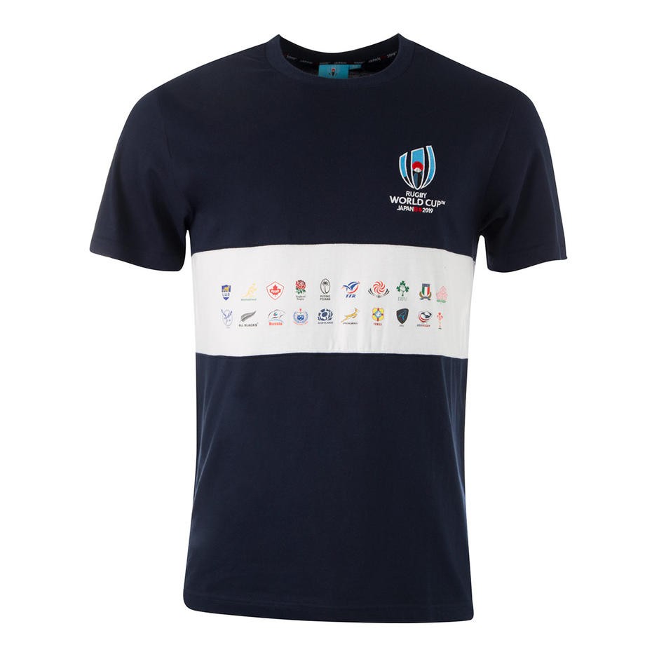 Maglietta blu Rugby RWC 2019 con logo e stampa squadre delle 20 Nazioni.