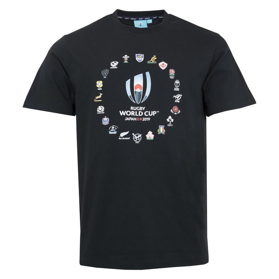T-shirt nera Rugby World Cup 2019 con loghi delle nazioni partecipanti.