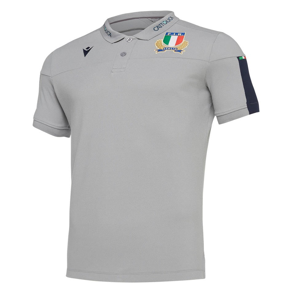 Polo da viaggio Italia Rugby Macron grigio con stemma federale.