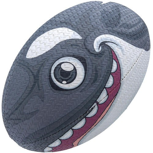 Pallone da rugby Gilbert con design orca cartoon, grigio e bianco.