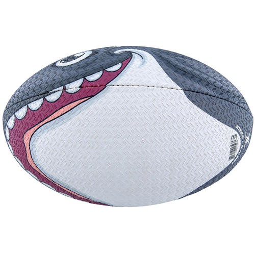 Pallone da rugby Gilbert Random Bite Orca con design di squalo.