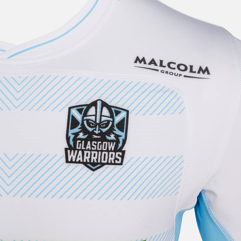 Maglia da rugby autentica da trasferta dei Glasgow Warriors: maglia bianca con dettagli azzurri e logo della squadra