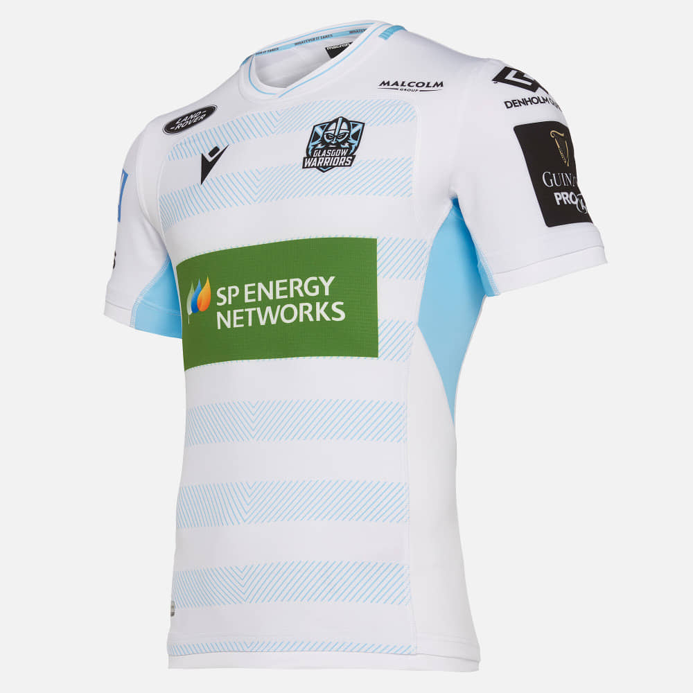 Maglia da rugby autentica da trasferta dei Glasgow Warriors: maglia da rugby bianca e azzurra con logo della squadra e dettagli degli sponsor.