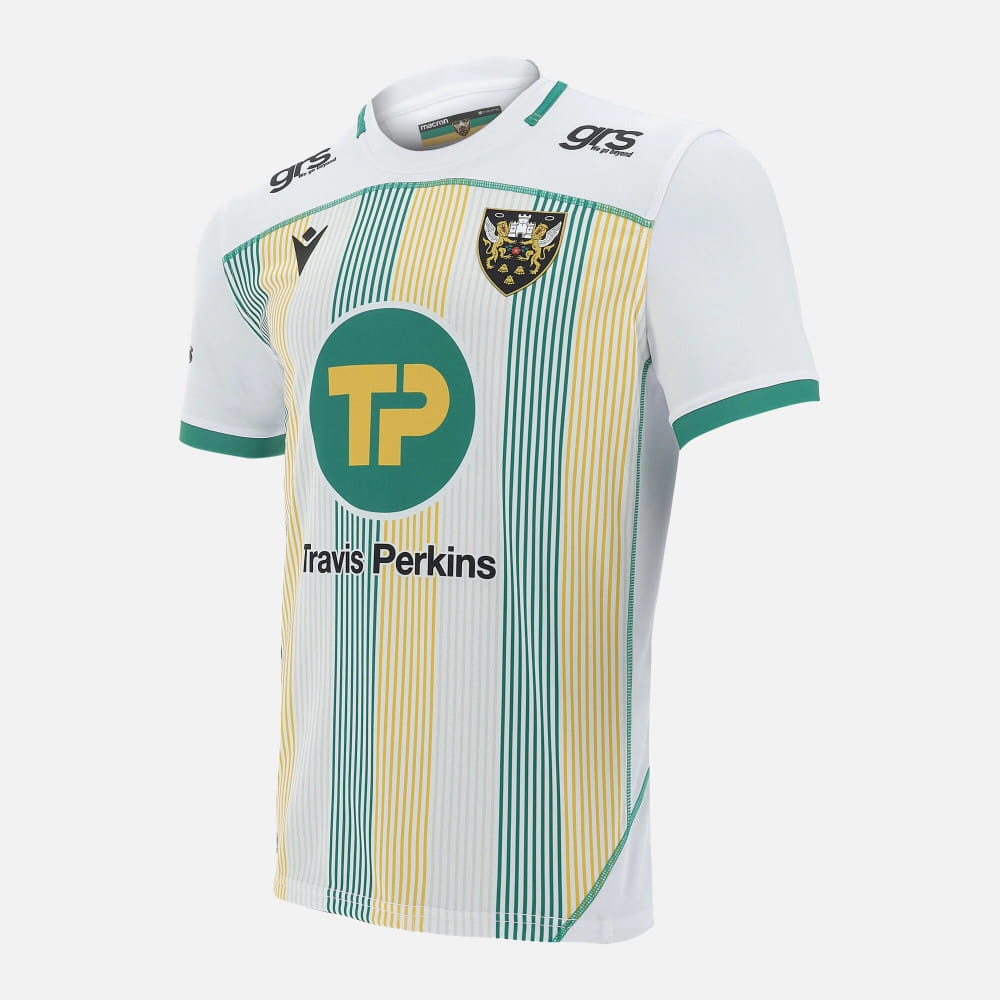 Maglia da rugby away Northampton Saints Macron a strisce verdi e gialle con logo.