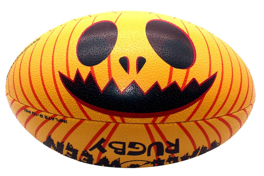 Pallone da rugby fantasy Halloween RGR con faccia da zucca sorridente.