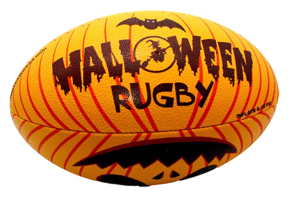 Pallone da rugby fantasy Halloween RGR, giallo con zucca intagliata e pipistrello.