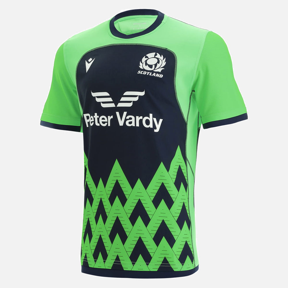 Maglia Rugby Scozia Training 2021-22 Fluo: Maglia da allenamento della nazionale di rugby scozzese verde lime e blu navy con logo dello sponsor Peter Vardy.
