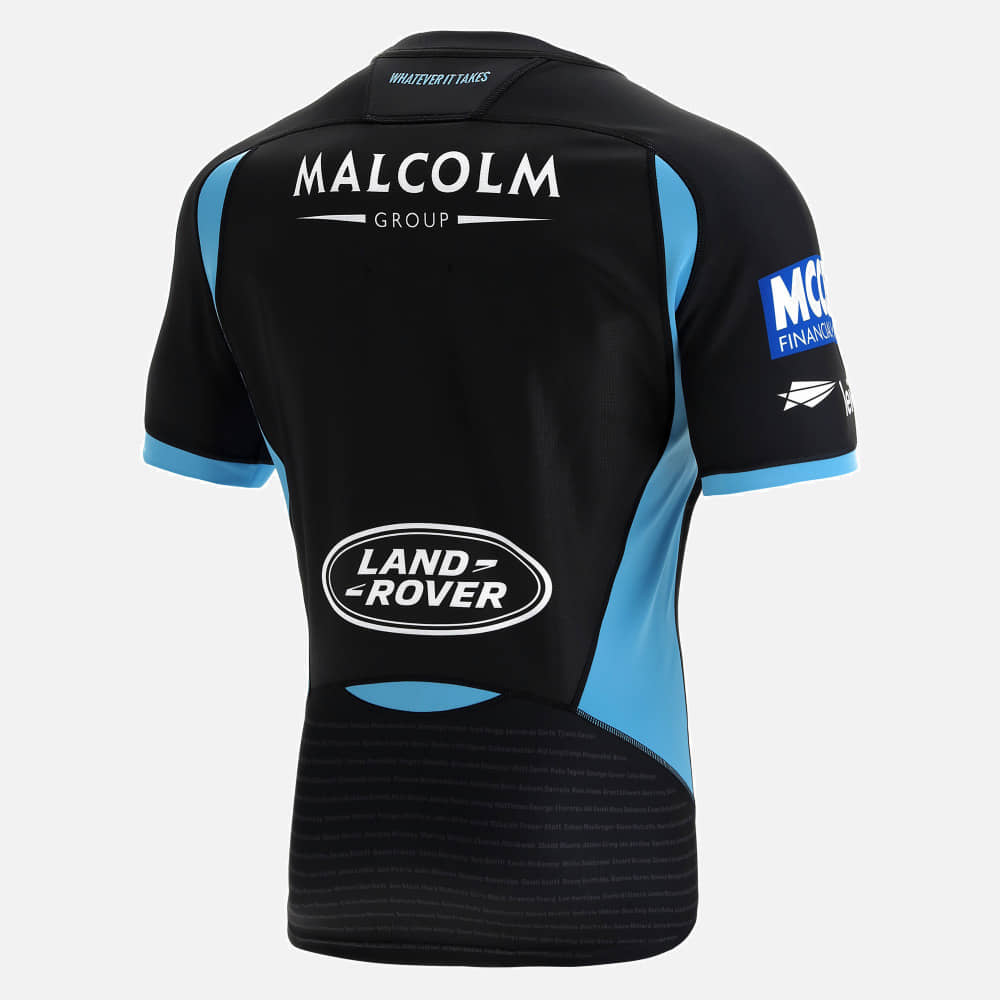 Maglia da rugby dei Glasgow Warriors: replica della maglia da rugby casalinga dei professionisti, nera e azzurra, con i loghi di Malcolm Group e Land Rover.