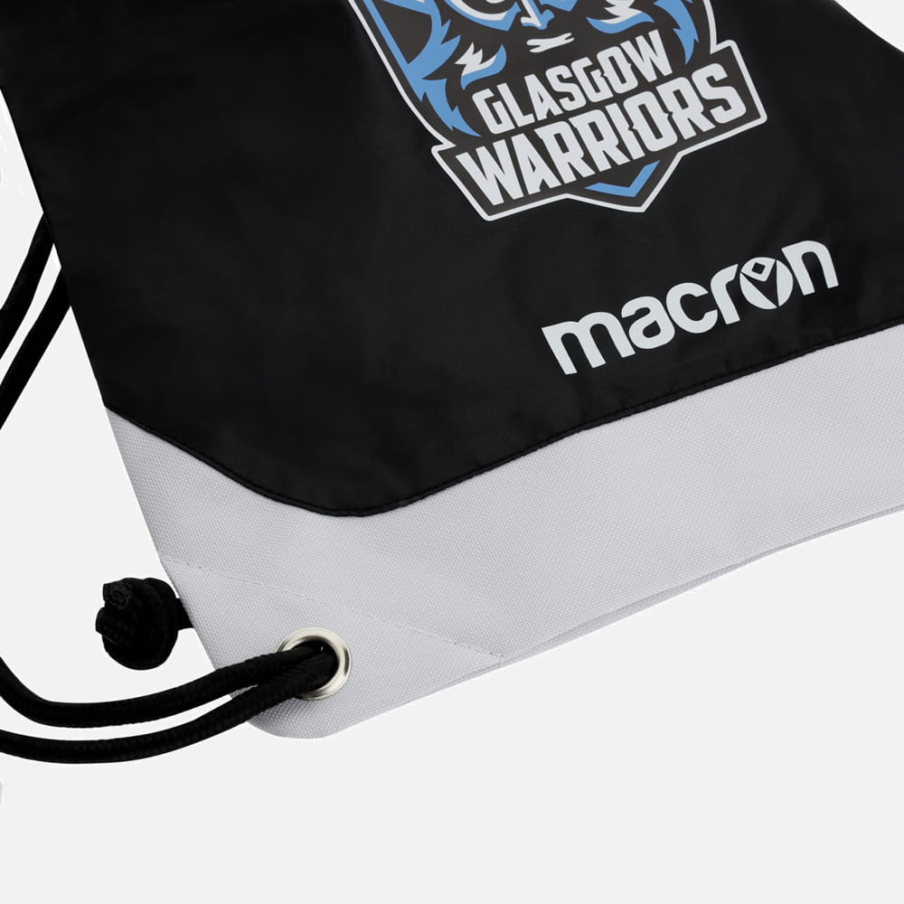 Sacca da palestra Glasgow Warriors Macron nera e grigia con logo.