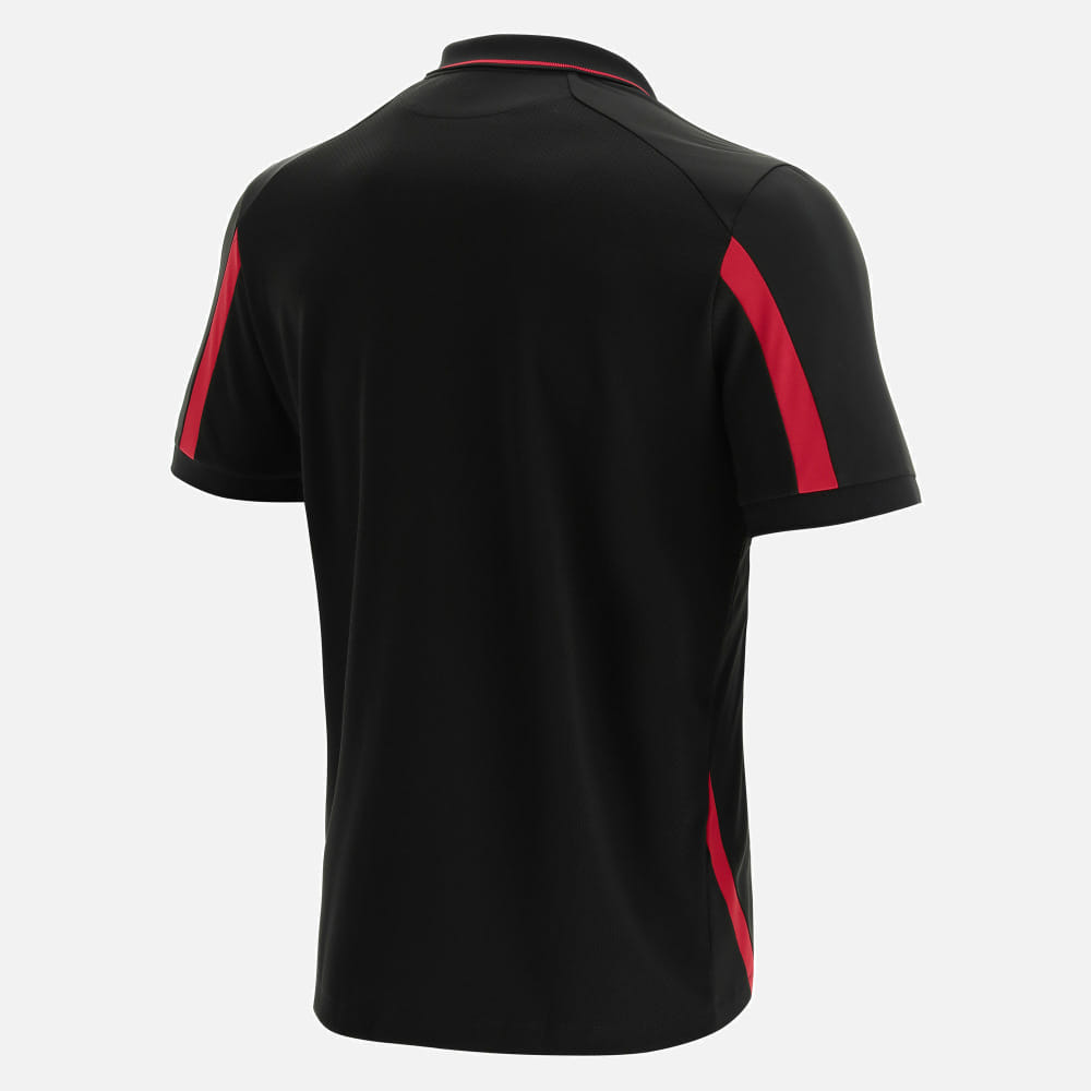 Polo Rugby Galles Tech Travel nero con inserti rossi sulle maniche.