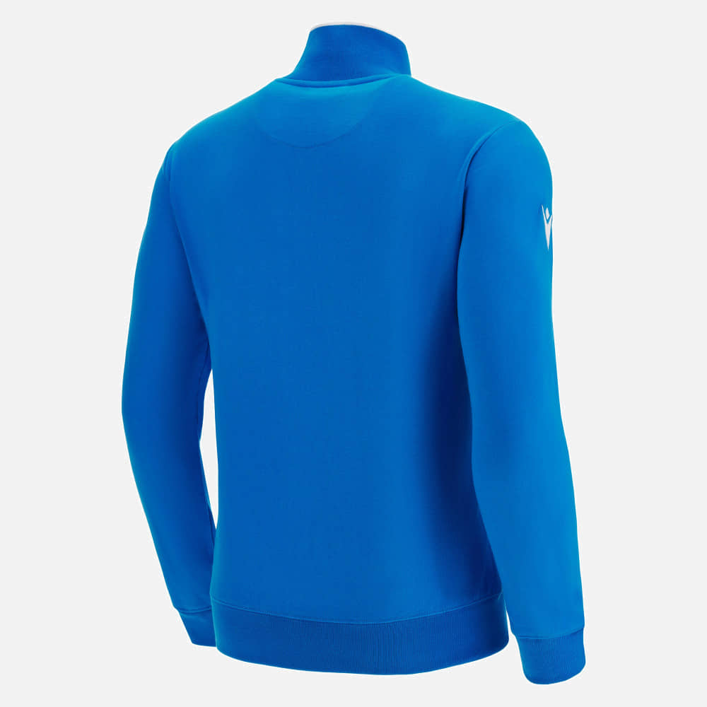 Felpa mezza zip azzurra Rugby Italia Macron uomo, dettaglio logo Macron.