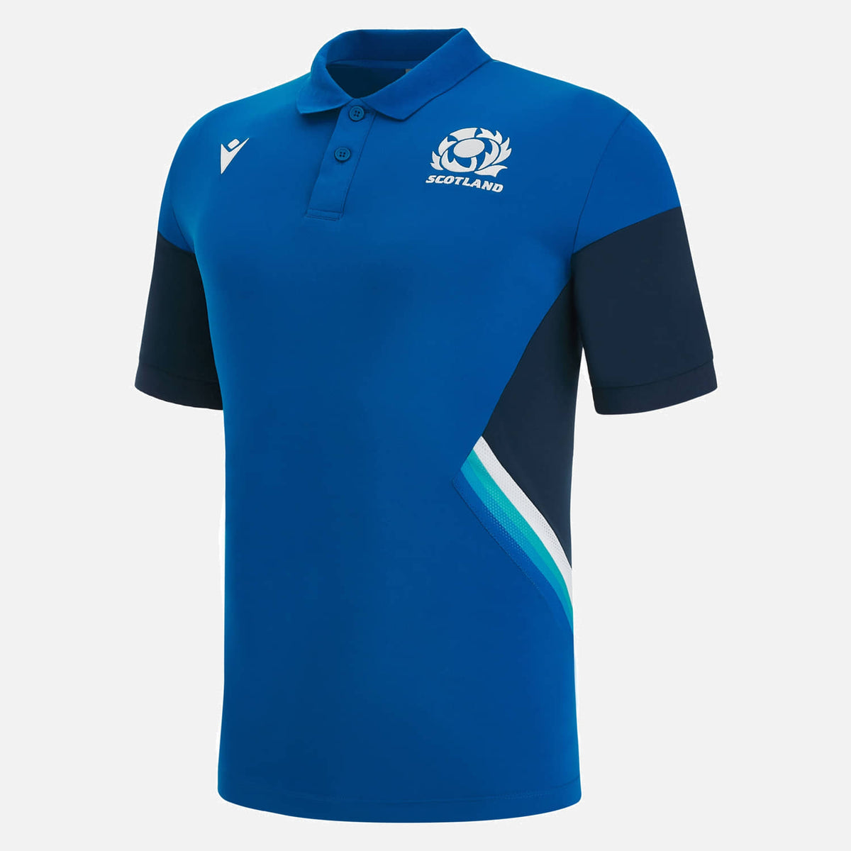 Polo da rugby Scozia Staff Tech 2023 azzurro Macron con logo ricamato.