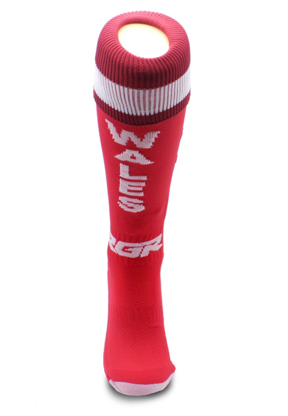 Calze da rugby RGR Galles rosse con banda bianca e logo.